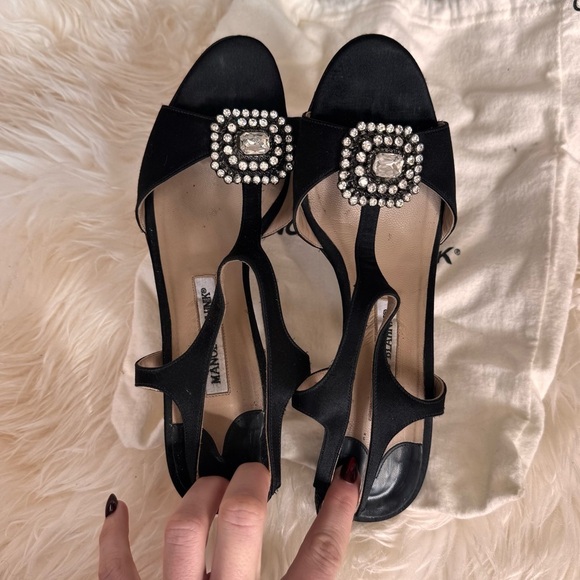 Manolo Blahnik Black Satin and Crystal Embellished Heels T-strap slingback pumps - Picture 6 of 15
